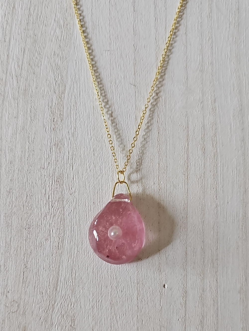 Gold Chain Necklace with Pink Teardrop Pendant and Pearl Accent